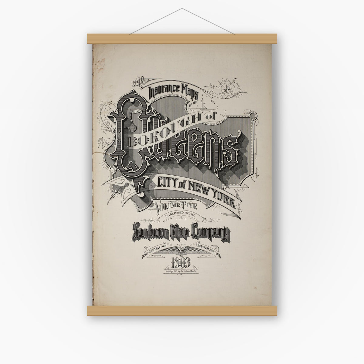 Old map wall art mockup — magnetic wood frame on white wall — Sanborn Fire Insurance Map from Queens, Queens County, New York (1903), Sheet #0001