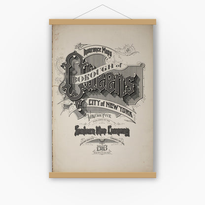 Old map wall art mockup — magnetic wood frame on white wall — Sanborn Fire Insurance Map from Queens, Queens County, New York (1903), Sheet #0001