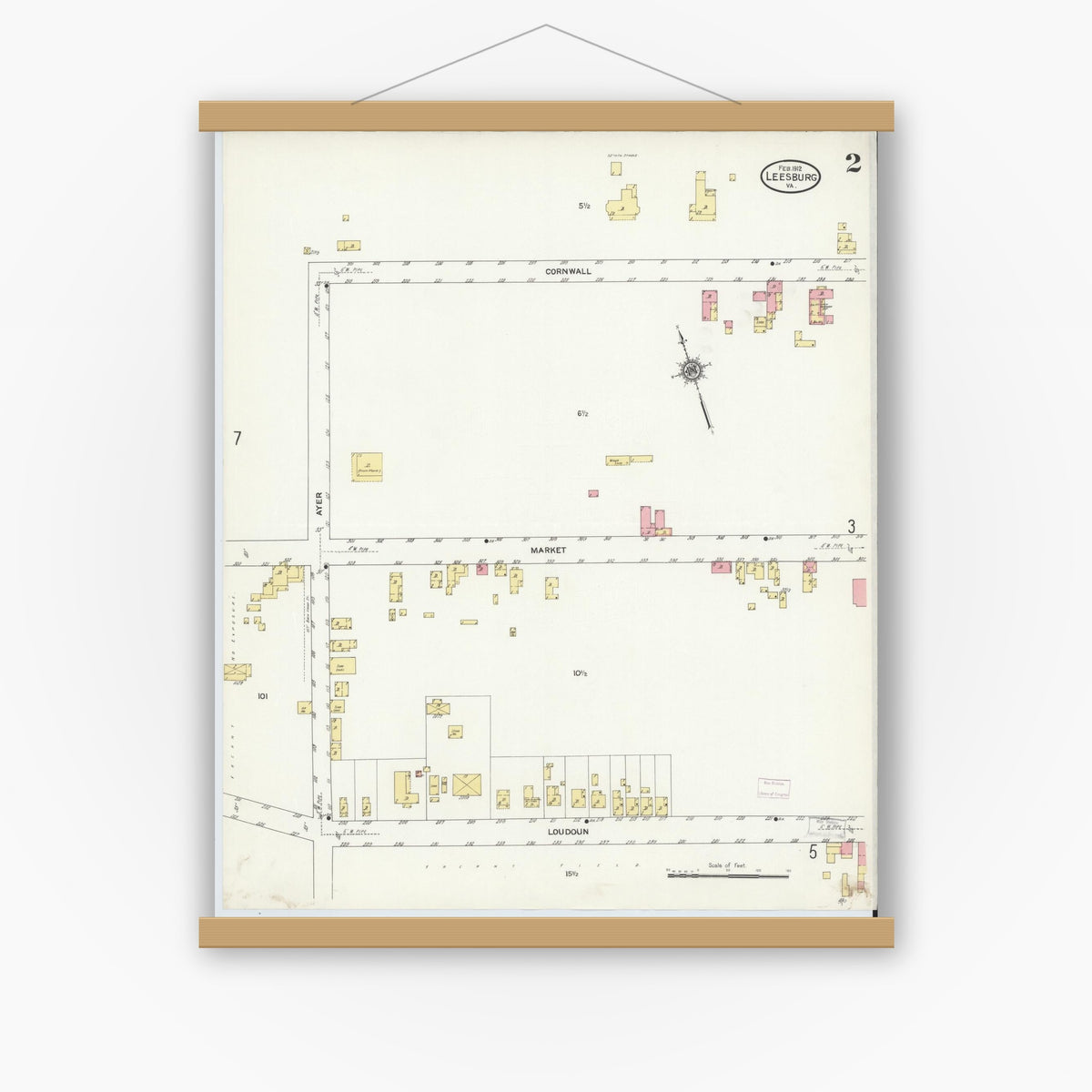 Old map wall art mockup — magnetic wood frame on white wall — Sanborn Fire Insurance Map from Leesburg, Loudoun County, Virginia (1912), Sheet #0002