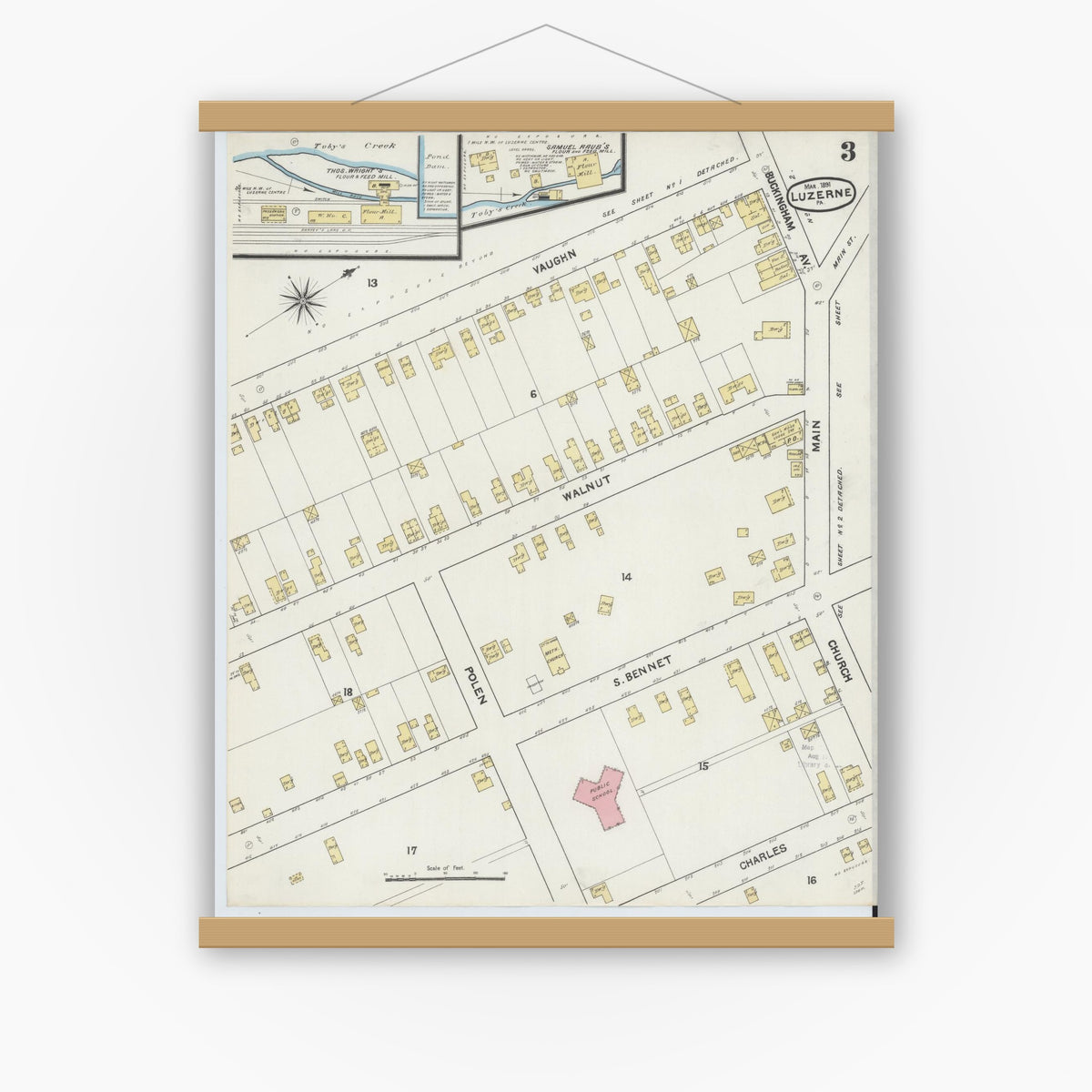 Old map wall art mockup — magnetic wood frame on white wall — Sanborn Fire Insurance Map from Luzerne, Luzerne County, Pennsylvania (1891), Sheet #0003