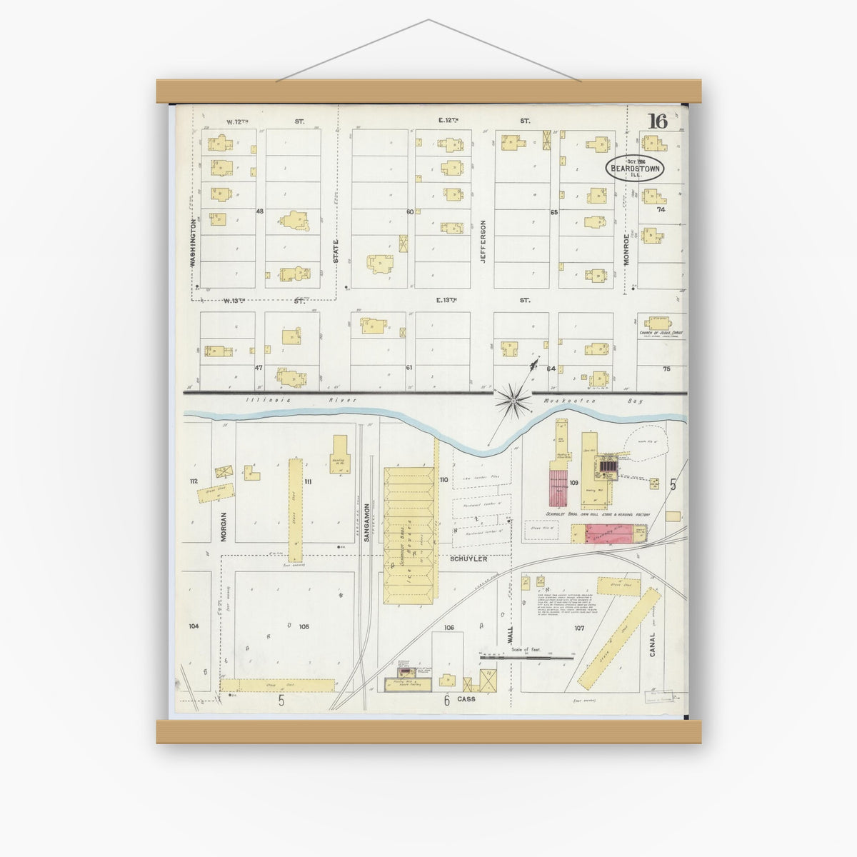 Old map wall art mockup — magnetic wood frame on white wall — Sanborn Fire Insurance Map from Beardstown, Cass County, Illinois (1906), Sheet #0016