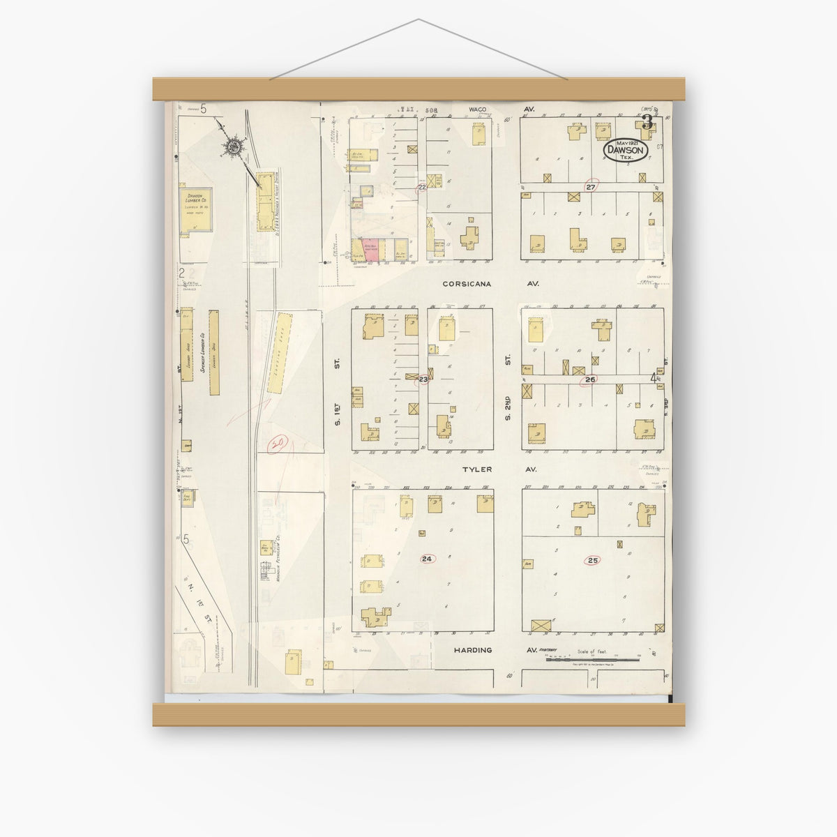 Old map wall art mockup — magnetic wood frame on white wall — Sanborn Fire Insurance Map from Dawson, Navarro County, Texas (1943), Sheet #0003
