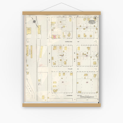 Old map wall art mockup — magnetic wood frame on white wall — Sanborn Fire Insurance Map from Dawson, Navarro County, Texas (1943), Sheet #0003