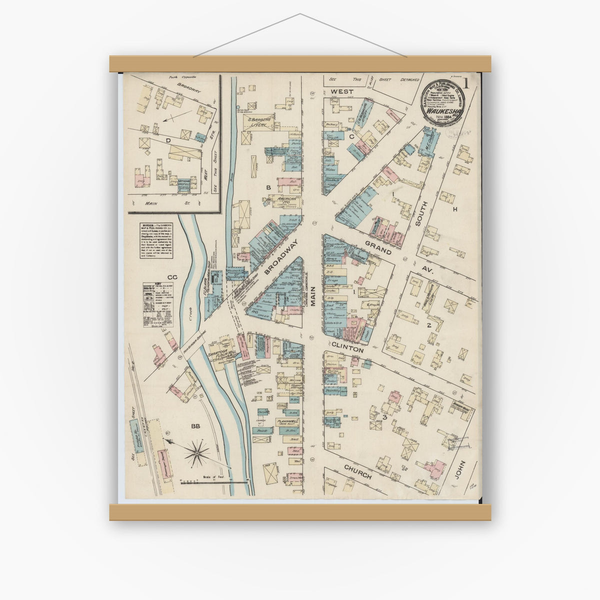Old map wall art mockup — magnetic wood frame on white wall — Sanborn Fire Insurance Map from Waukesha, Waukesha County, Wisconsin (1884), Sheet #0001