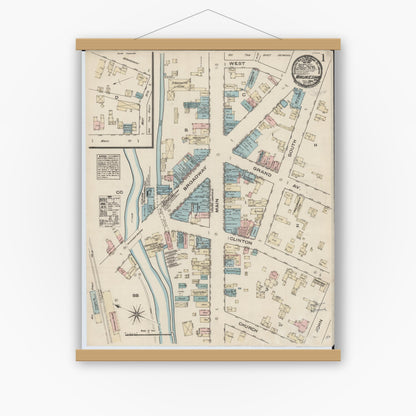Old map wall art mockup — magnetic wood frame on white wall — Sanborn Fire Insurance Map from Waukesha, Waukesha County, Wisconsin (1884), Sheet #0001