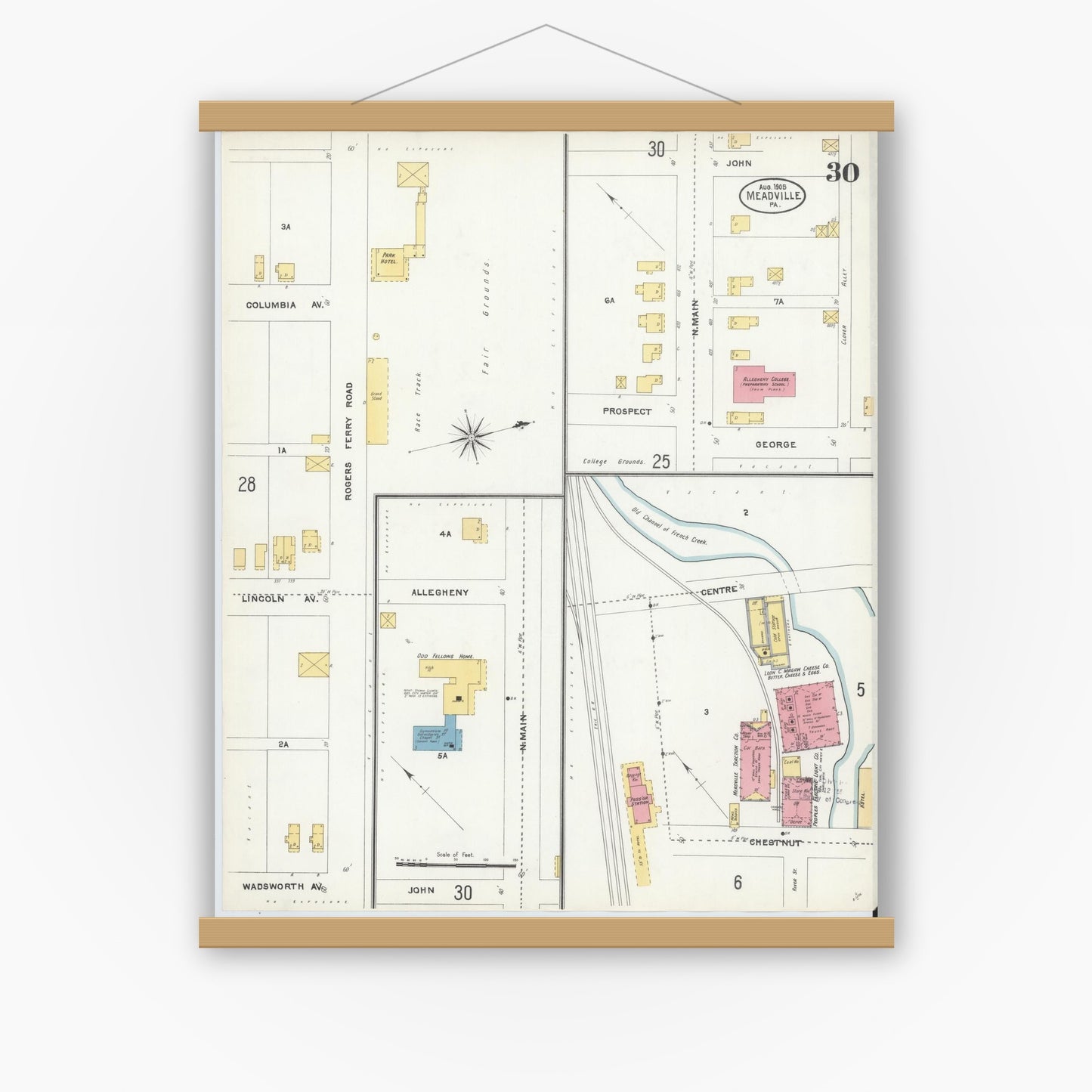 Old map wall art mockup — magnetic wood frame on white wall — Sanborn Fire Insurance Map from Meadville, Crawford County, Pennsylvania (1905), Sheet #0030