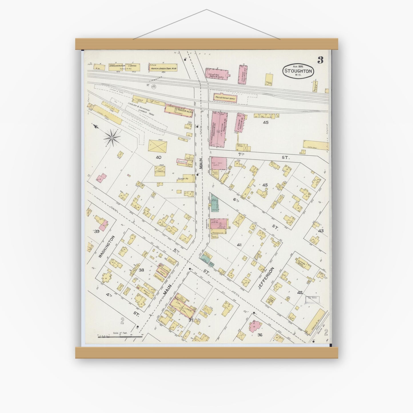 Old map wall art mockup — magnetic wood frame on white wall — Sanborn Fire Insurance Map from Stoughton, Dane County, Wisconsin (1892), Sheet #0003