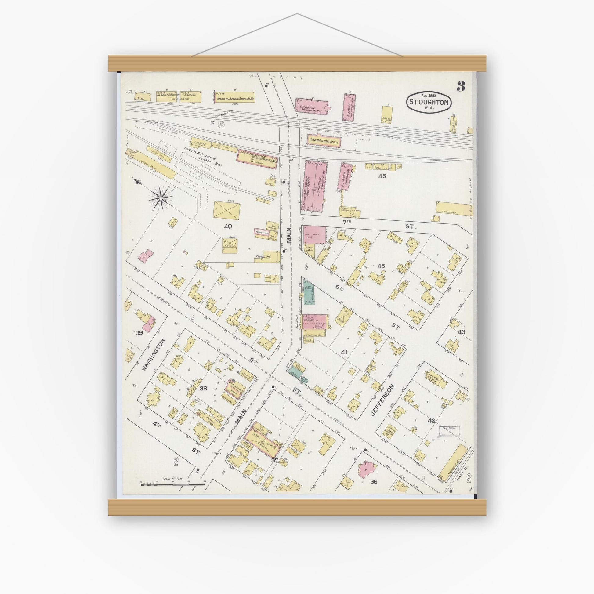Old map wall art mockup — magnetic wood frame on white wall — Sanborn Fire Insurance Map from Stoughton, Dane County, Wisconsin (1892), Sheet #0003