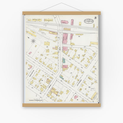 Old map wall art mockup — magnetic wood frame on white wall — Sanborn Fire Insurance Map from Stoughton, Dane County, Wisconsin (1892), Sheet #0003