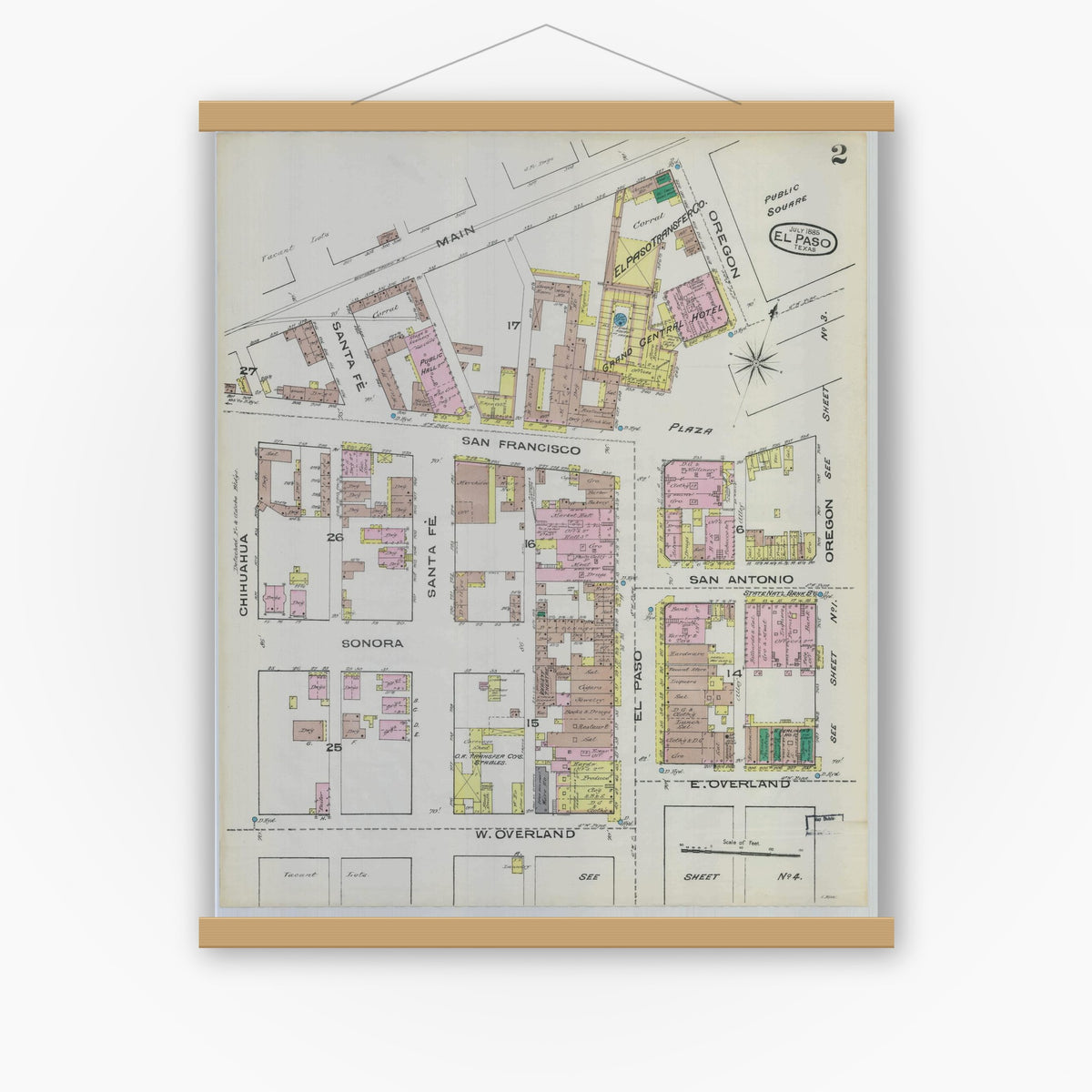 Old map wall art mockup — magnetic wood frame on white wall — Sanborn Fire Insurance Map from El Paso, El Paso County, Texas (1885), Sheet #0002