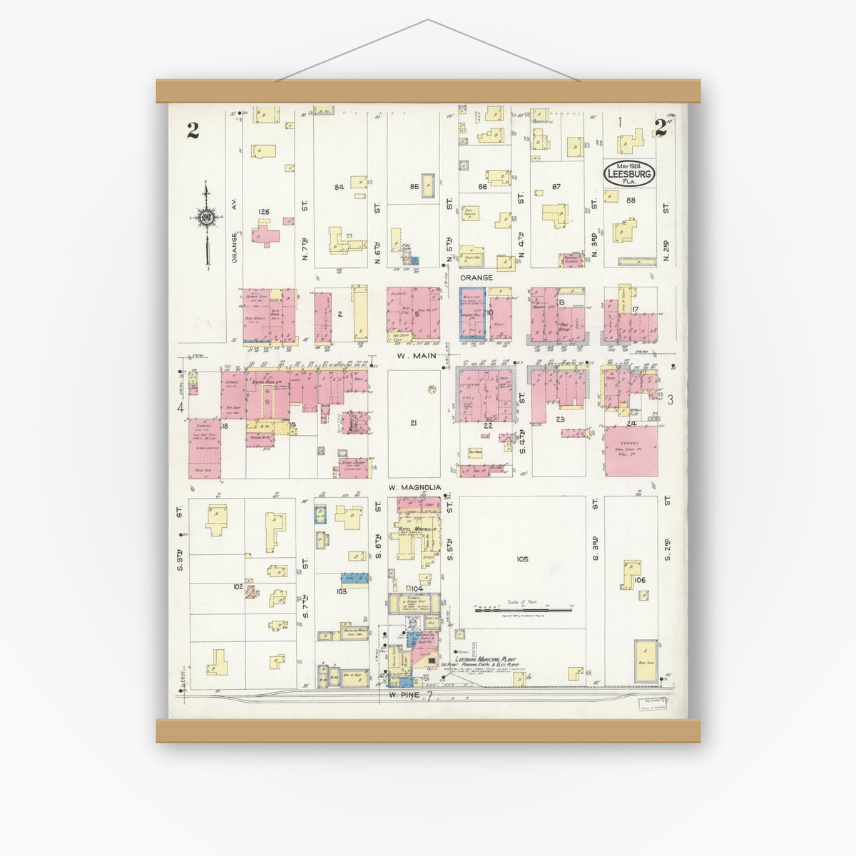 Old map wall art mockup — magnetic wood frame on white wall — Sanborn Fire Insurance Map from Leesburg, Lake County, Florida (1924), Sheet #0002