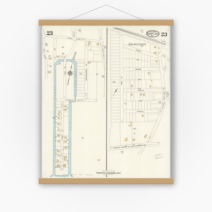 Old map wall art mockup — magnetic wood frame on white wall — Sanborn Fire Insurance Map from Babylon, Suffolk County, New York (1923), Sheet #0023