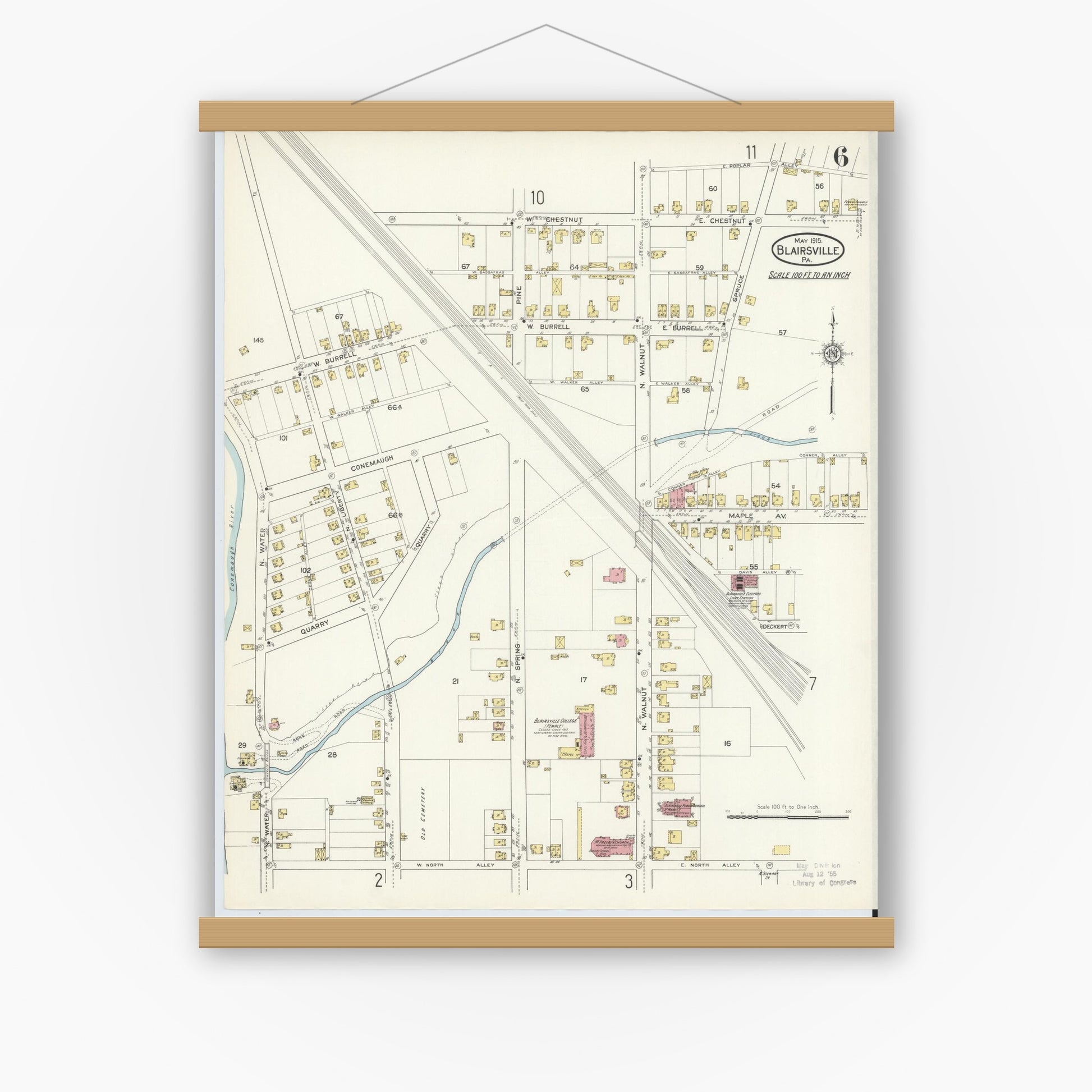 Old map wall art mockup — magnetic wood frame on white wall — Sanborn Fire Insurance Map from Blairsville, Indiana County, Pennsylvania (1915), Sheet #0006