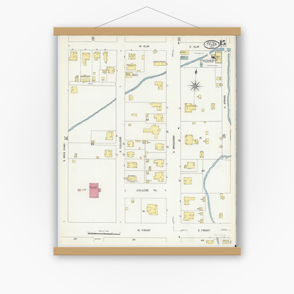 Old map wall art mockup — magnetic wood frame on white wall — Sanborn Fire Insurance Map from Tyler, Smith County, Texas (1907), Sheet #0015