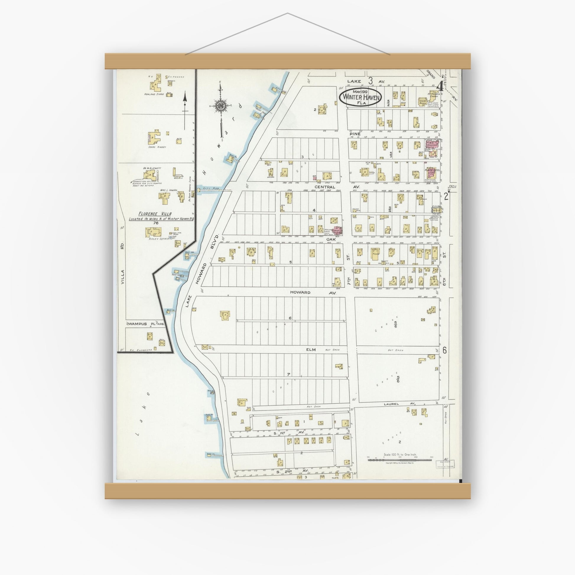 Old map wall art mockup — magnetic wood frame on white wall — Sanborn Fire Insurance Map from Winter Haven, Polk County, Florida (1919), Sheet #0004