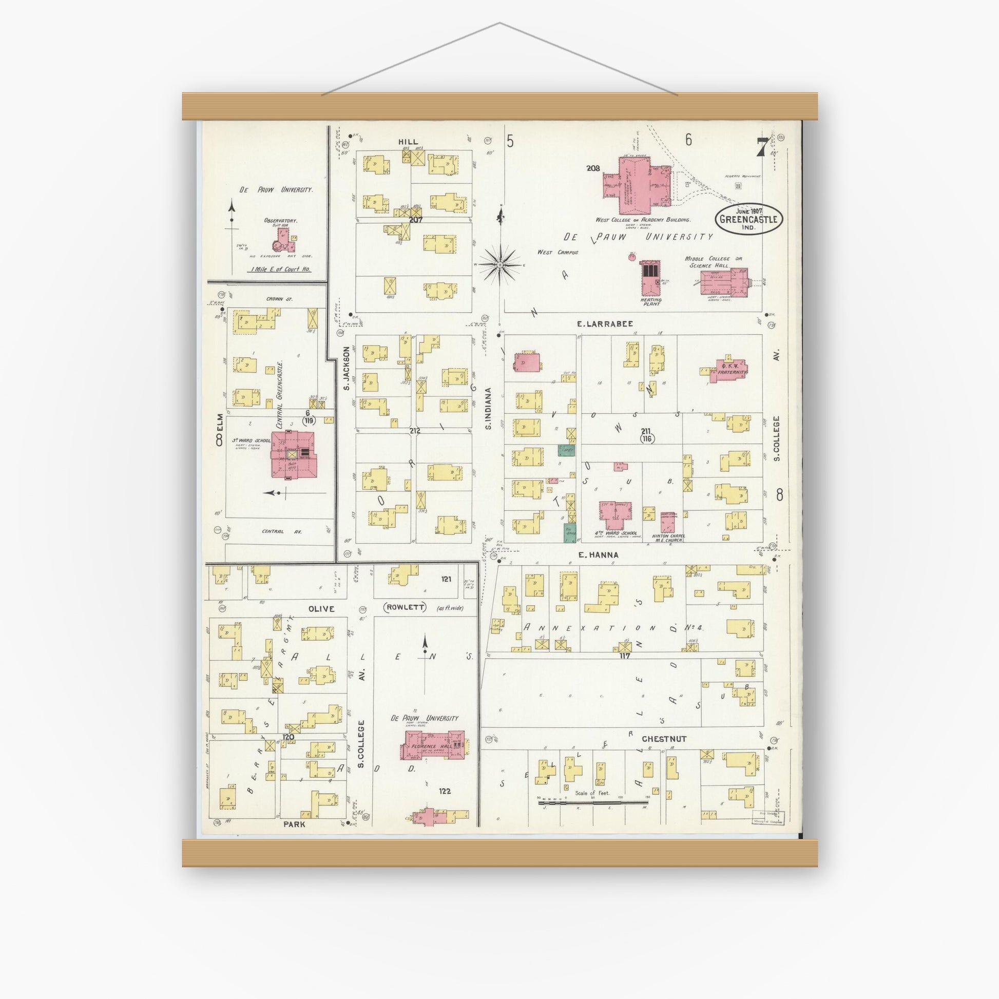 Old map wall art mockup — magnetic wood frame on white wall — Sanborn Fire Insurance Map from Greencastle, Putnam County, Indiana (1907), Sheet #0007