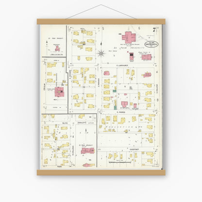 Old map wall art mockup — magnetic wood frame on white wall — Sanborn Fire Insurance Map from Greencastle, Putnam County, Indiana (1907), Sheet #0007