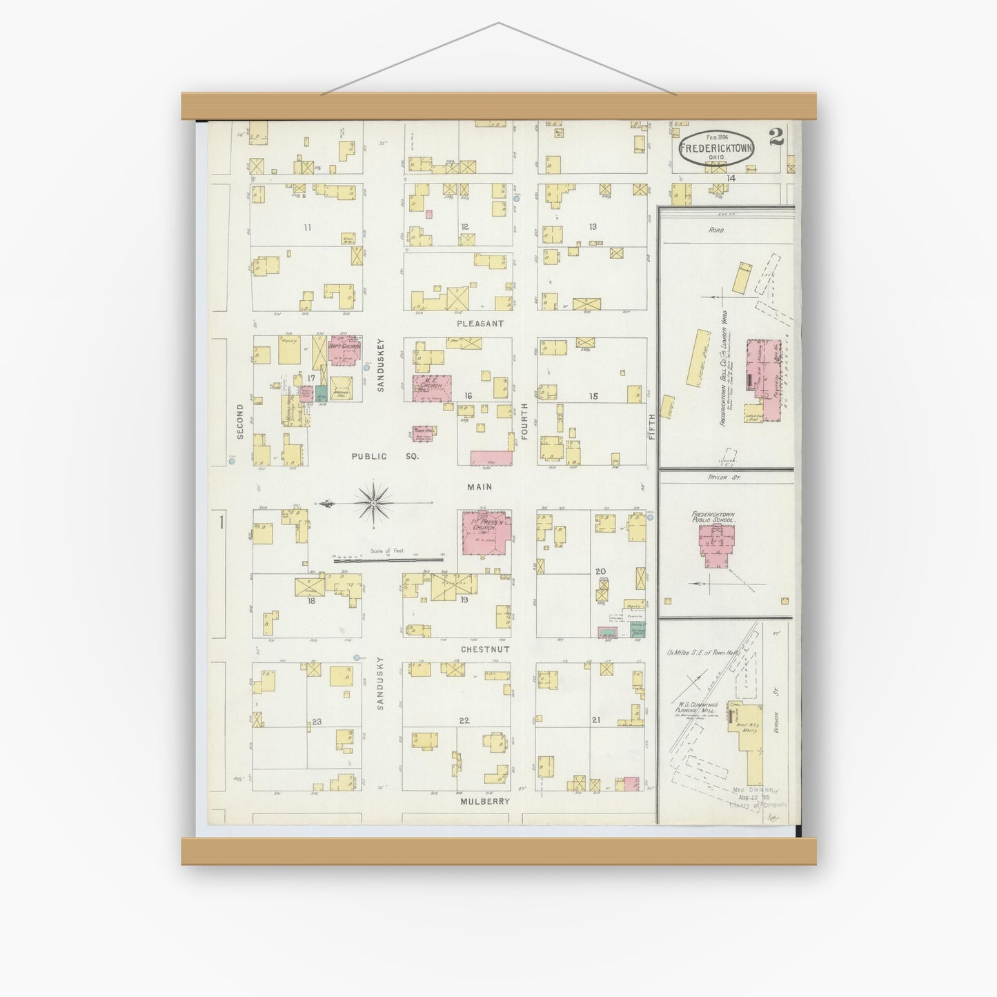 Old map wall art mockup — magnetic wood frame on white wall — Sanborn Fire Insurance Map from Fredericktown, Knox County, Ohio (1896), Sheet #0002