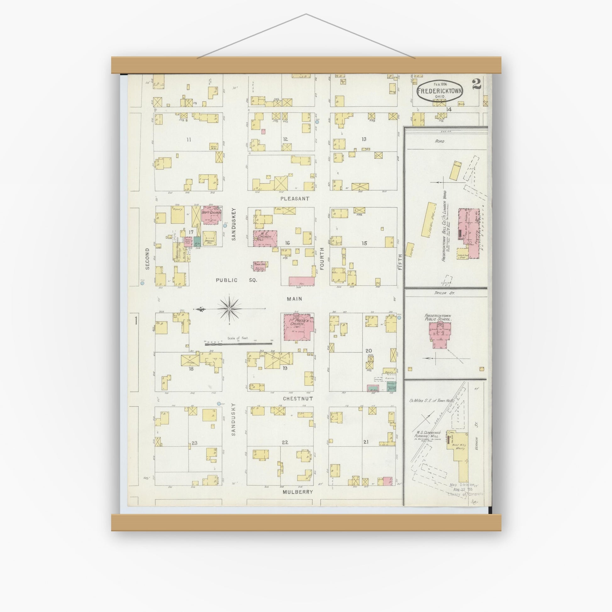 Old map wall art mockup — magnetic wood frame on white wall — Sanborn Fire Insurance Map from Fredericktown, Knox County, Ohio (1896), Sheet #0002