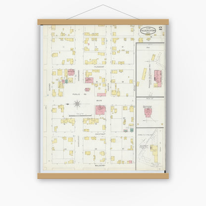 Old map wall art mockup — magnetic wood frame on white wall — Sanborn Fire Insurance Map from Fredericktown, Knox County, Ohio (1896), Sheet #0002