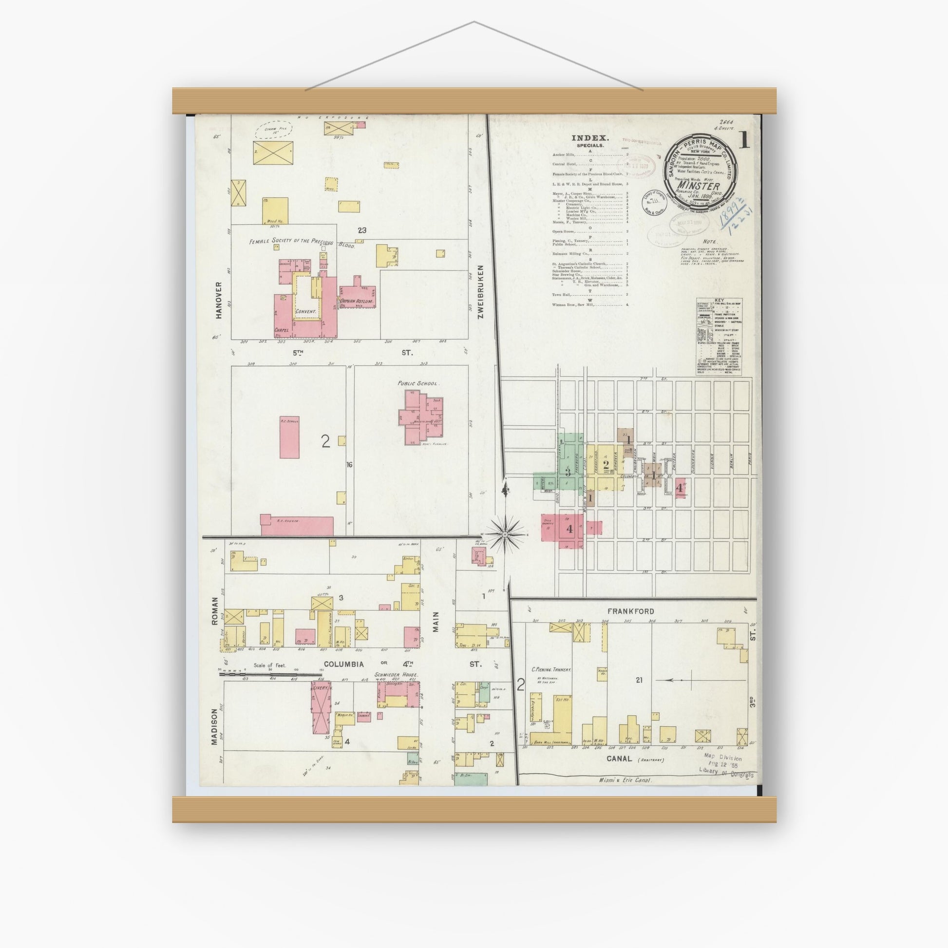Old map wall art mockup — magnetic wood frame on white wall — Sanborn Fire Insurance Map from Minster, Auglaize County, Ohio (1899) - Complete Map Set
