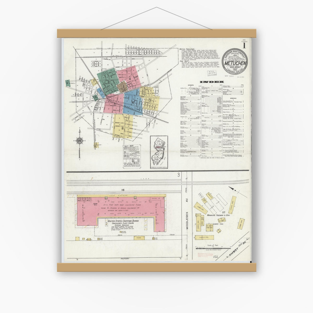 Old map wall art mockup — magnetic wood frame on white wall — Sanborn Fire Insurance Map from Metuchen, Middlesex County, New Jersey (1920) - Complete Map Set