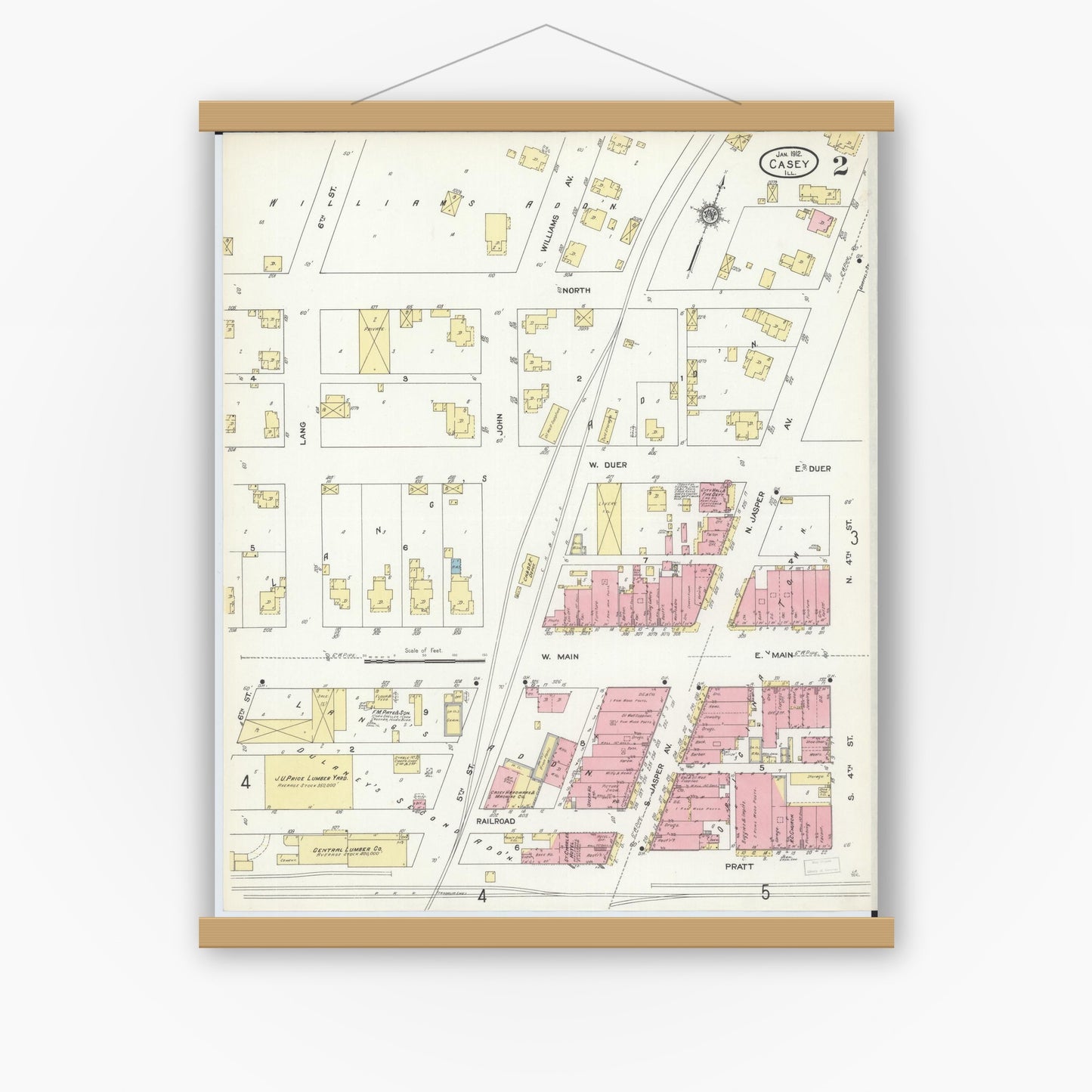 Old map wall art mockup — magnetic wood frame on white wall — Sanborn Fire Insurance Map from Casey, Clark County, Illinois (1912), Sheet #0002