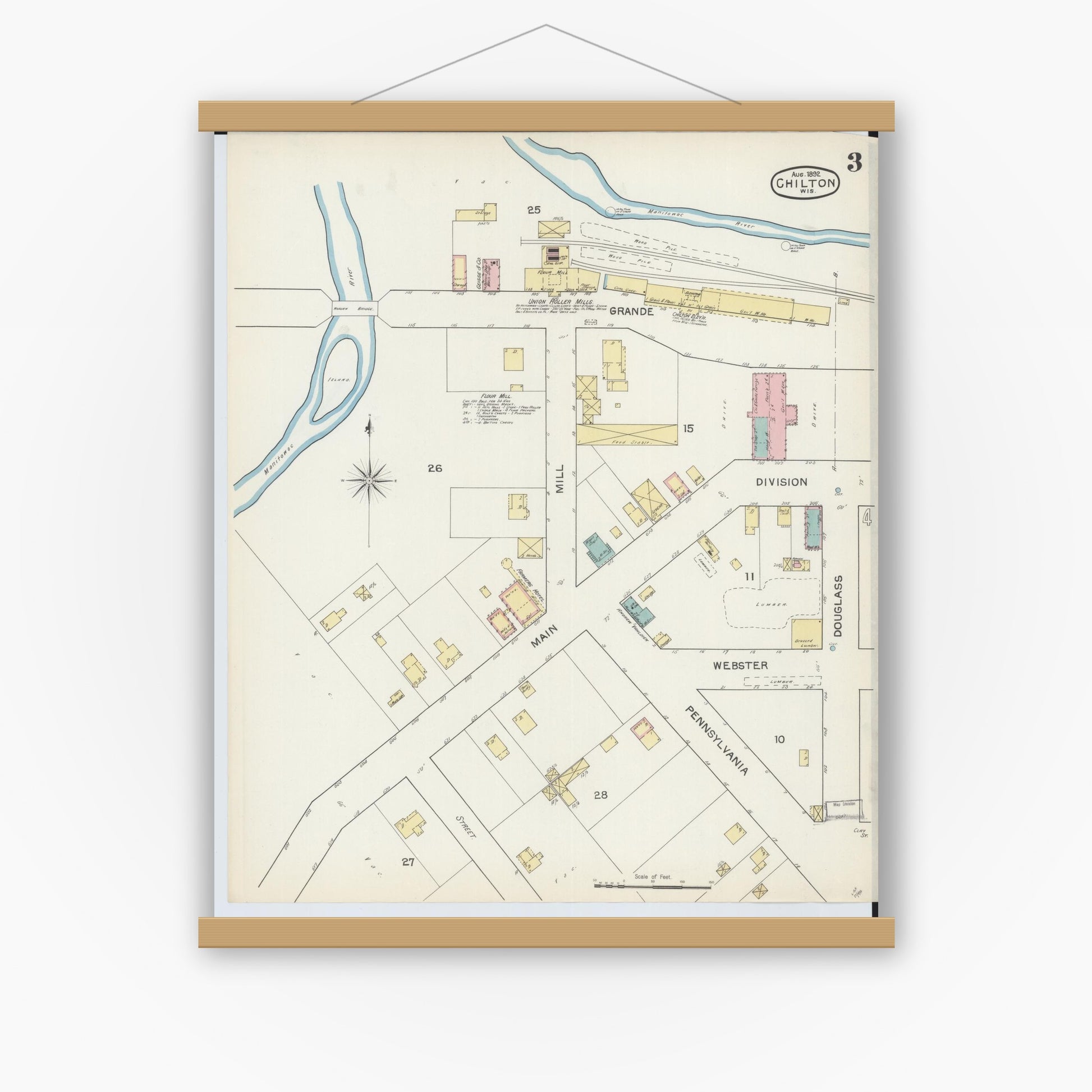 Old map wall art mockup — magnetic wood frame on white wall — Sanborn Fire Insurance Map from Chilton, Calumet County, Wisconsin (1892), Sheet #0003