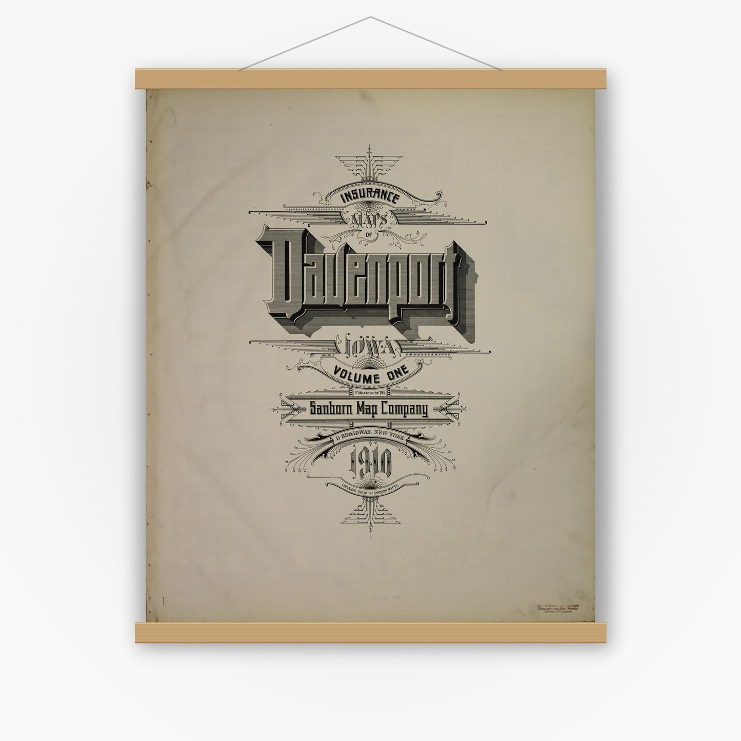 Old map wall art mockup — magnetic wood frame on white wall — Sanborn Fire Insurance Map from Davenport, Scott County, Iowa (1910), Sheet #0001
