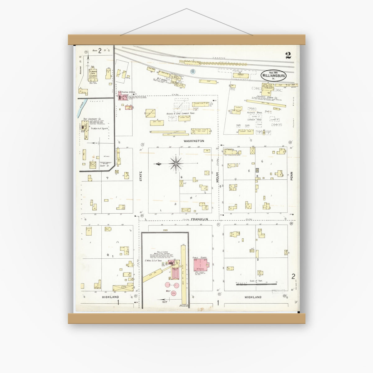 Old map wall art mockup — magnetic wood frame on white wall — Sanborn Fire Insurance Map from Williamsburg, Iowa County, Iowa (1906), Sheet #0002