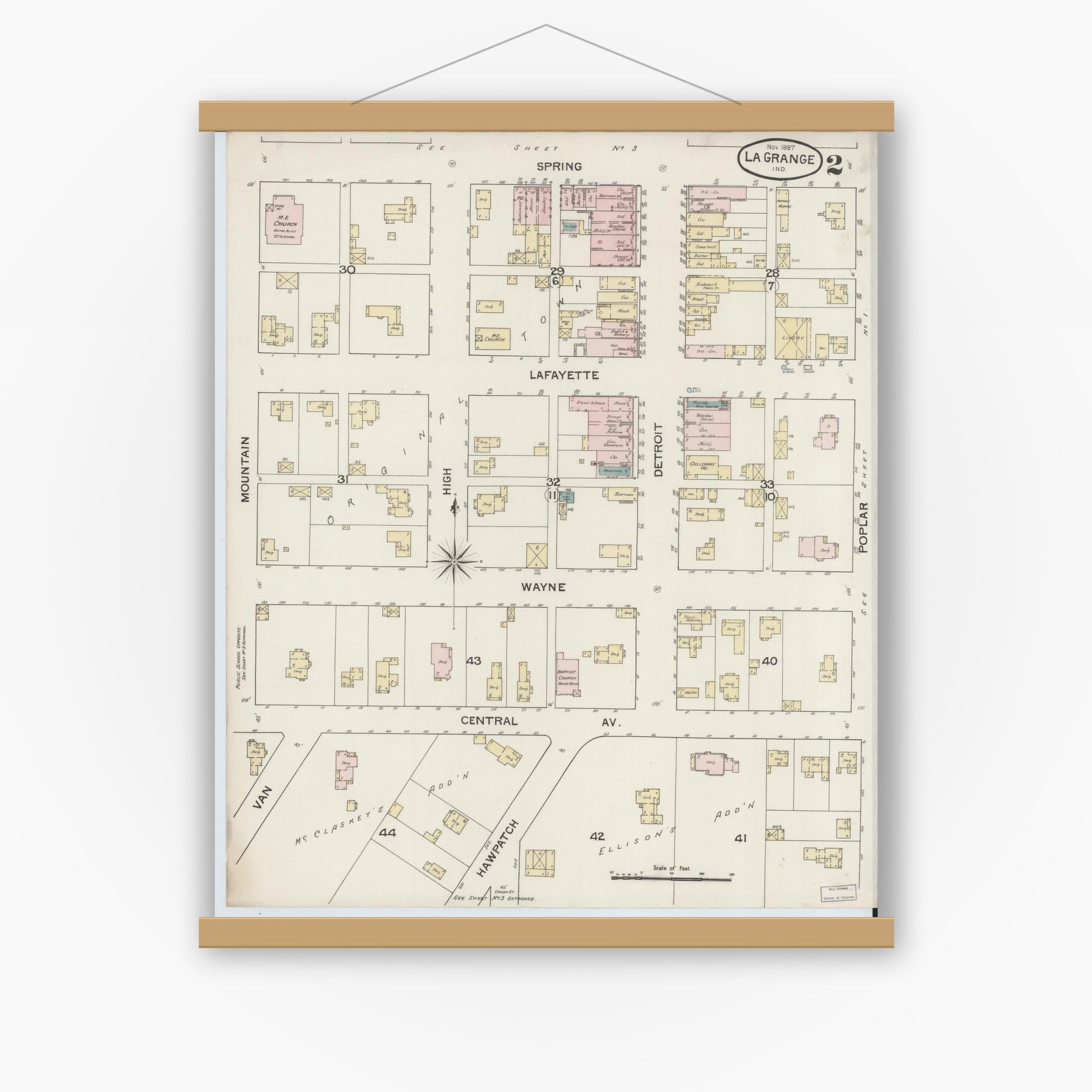 Old map wall art mockup — magnetic wood frame on white wall — Sanborn Fire Insurance Map from Lagrange, LaGrange County, Indiana (1887), Sheet #0002