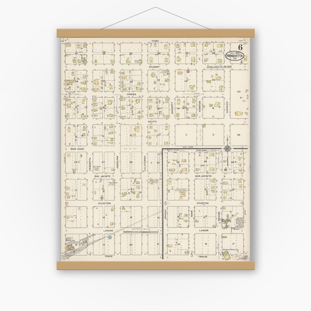 Old map wall art mockup — magnetic wood frame on white wall — Sanborn Fire Insurance Map from Henrietta, Clay County, Texas (1922), Sheet #0006