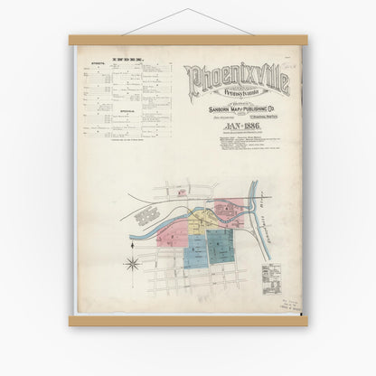 Old map wall art mockup — magnetic wood frame on white wall — Sanborn Fire Insurance Map from Phoenixville, Chester County, Pennsylvania (1886), Sheet #0001