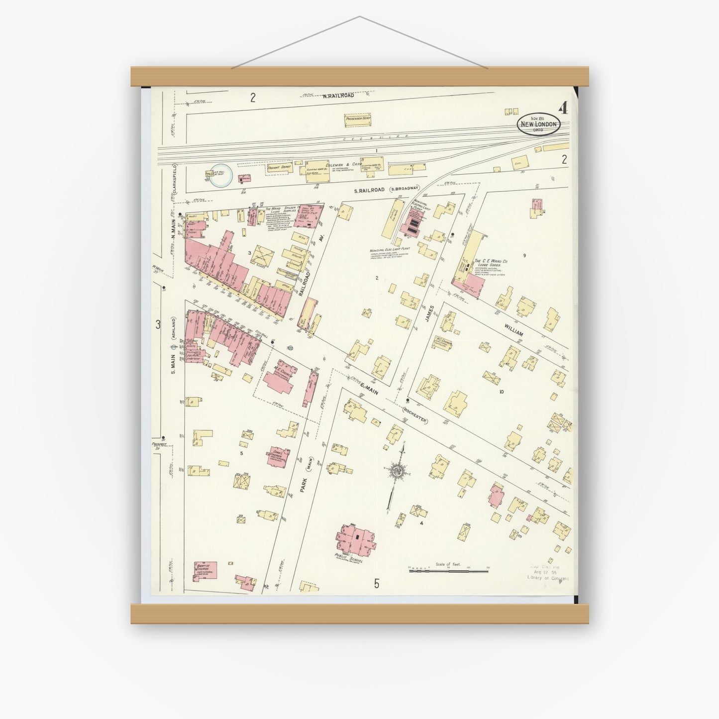 Old map wall art mockup — magnetic wood frame on white wall — Sanborn Fire Insurance Map from New London, Huron County, Ohio (1911), Sheet #0004