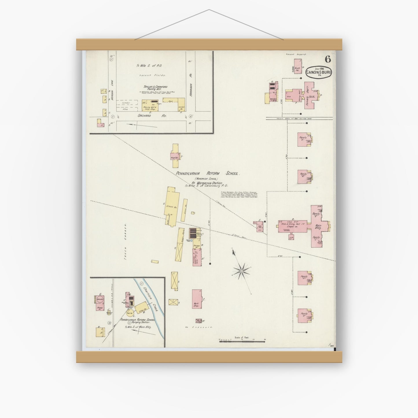 Old map wall art mockup — magnetic wood frame on white wall — Sanborn Fire Insurance Map from Canonsburg, Washington County, Pennsylvania (1896), Sheet #0006