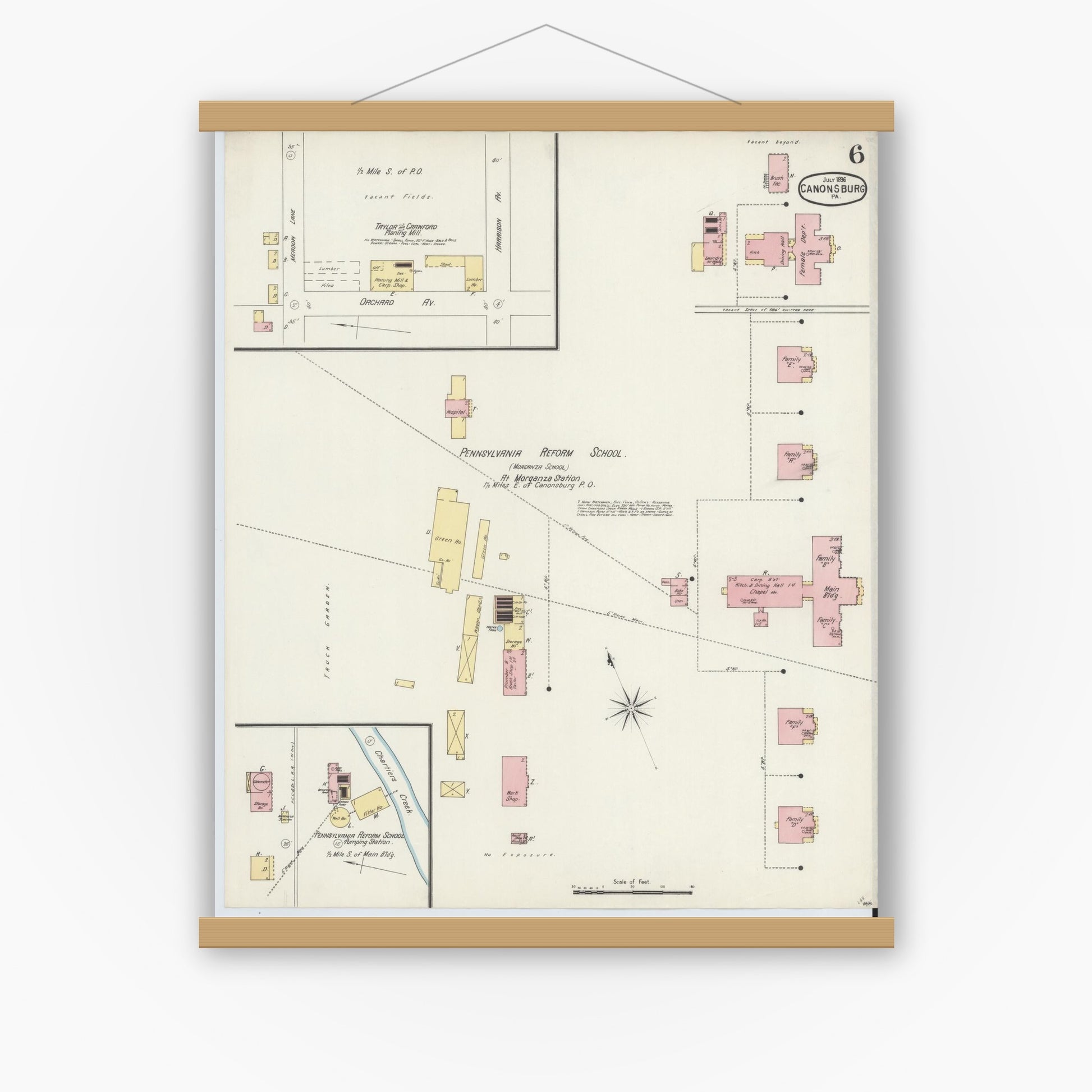 Old map wall art mockup — magnetic wood frame on white wall — Sanborn Fire Insurance Map from Canonsburg, Washington County, Pennsylvania (1896), Sheet #0006