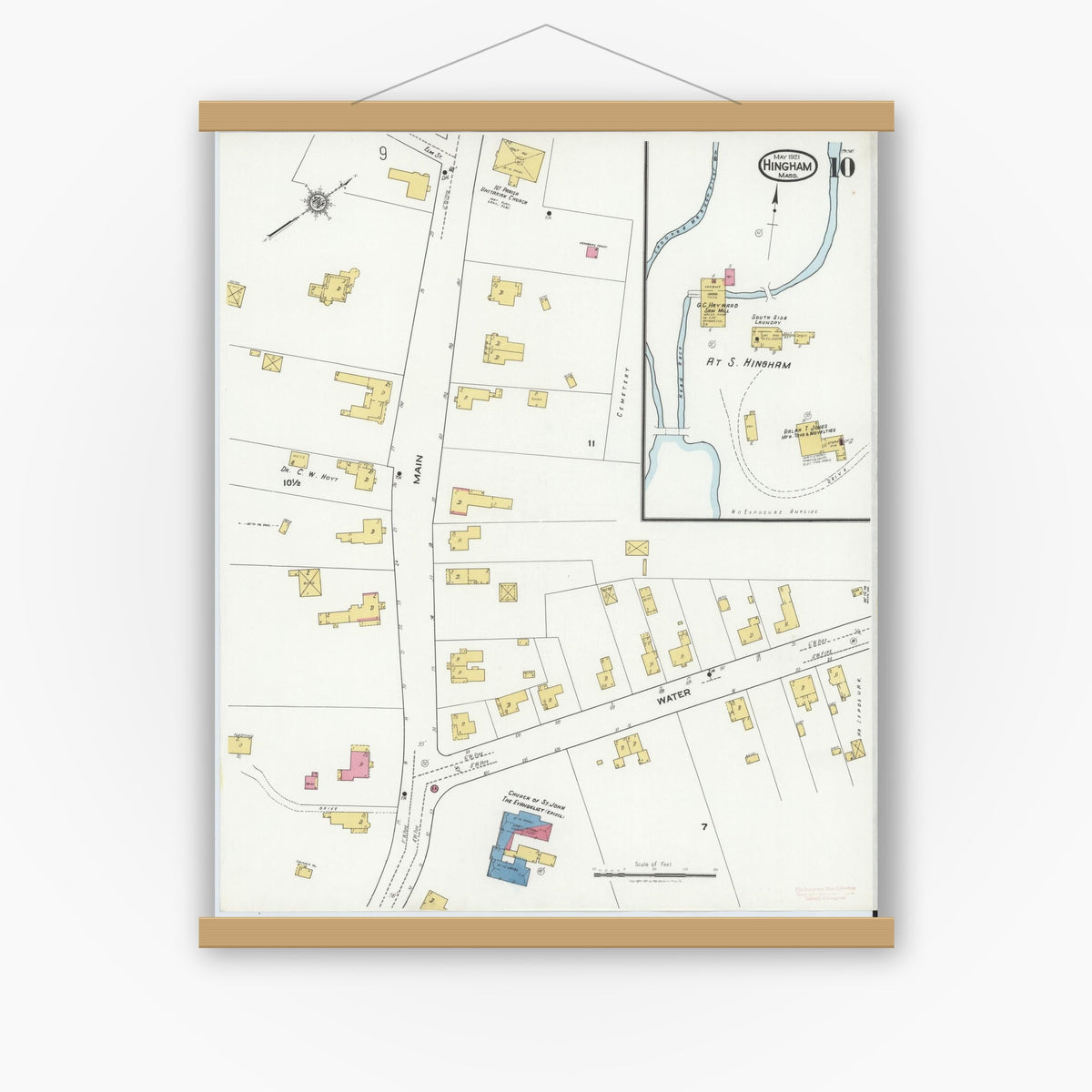 Old map wall art mockup — magnetic wood frame on white wall — Sanborn Fire Insurance Map from Hingham, Plymouth County, Massachusetts (1921), Sheet #0010