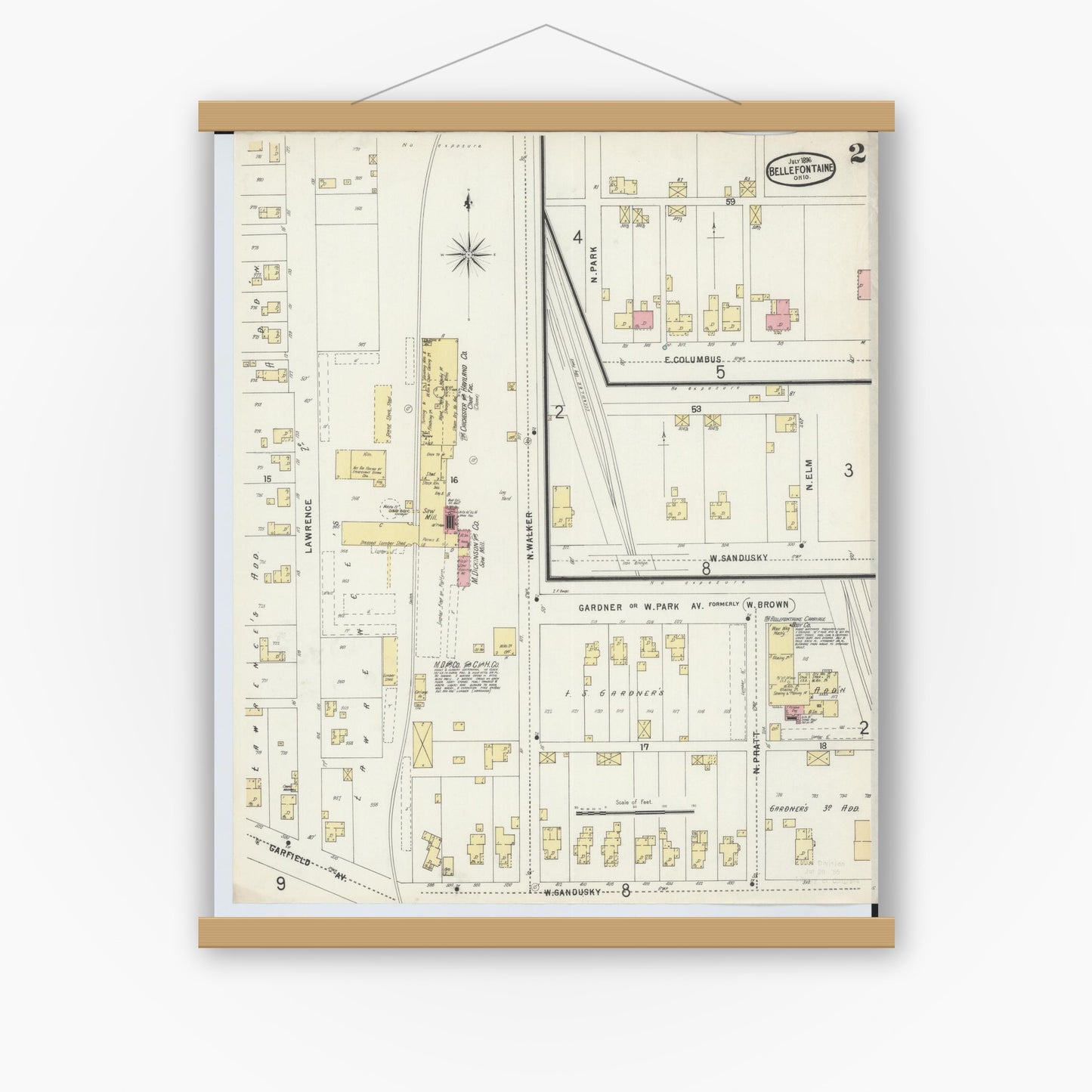 Old map wall art mockup — magnetic wood frame on white wall — Sanborn Fire Insurance Map from Bellefontaine, Logan County, Ohio (1896), Sheet #0002
