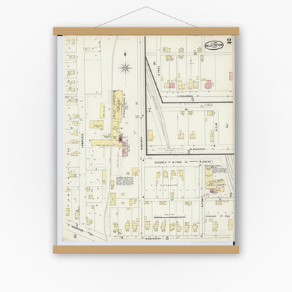 Old map wall art mockup — magnetic wood frame on white wall — Sanborn Fire Insurance Map from Bellefontaine, Logan County, Ohio (1896), Sheet #0002