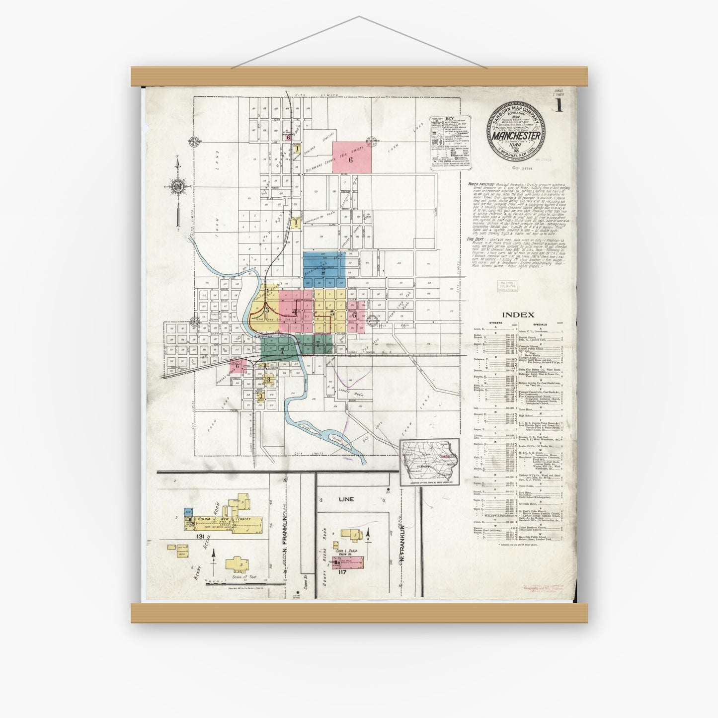 Old map wall art mockup — magnetic wood frame on white wall — Sanborn Fire Insurance Map from Manchester, Delaware County, Iowa (1921) â€” Complete Set