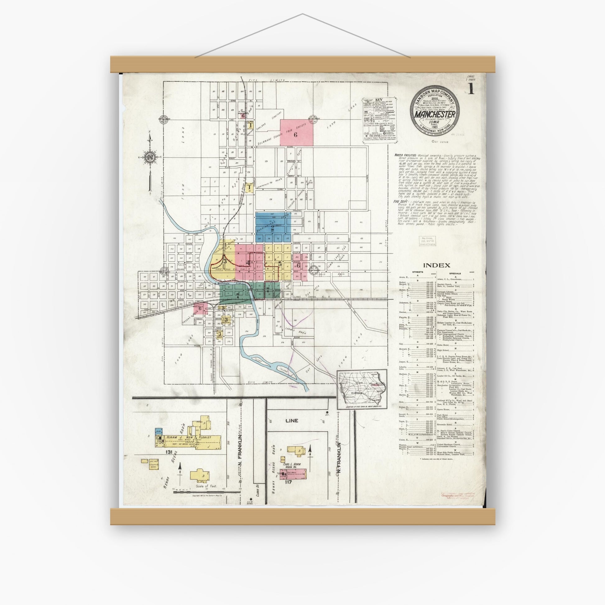 Old map wall art mockup — magnetic wood frame on white wall — Sanborn Fire Insurance Map from Manchester, Delaware County, Iowa (1921) â€” Complete Set