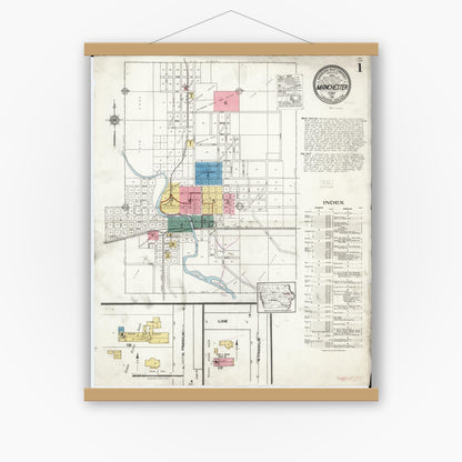 Old map wall art mockup — magnetic wood frame on white wall — Sanborn Fire Insurance Map from Manchester, Delaware County, Iowa (1921) â€” Complete Set