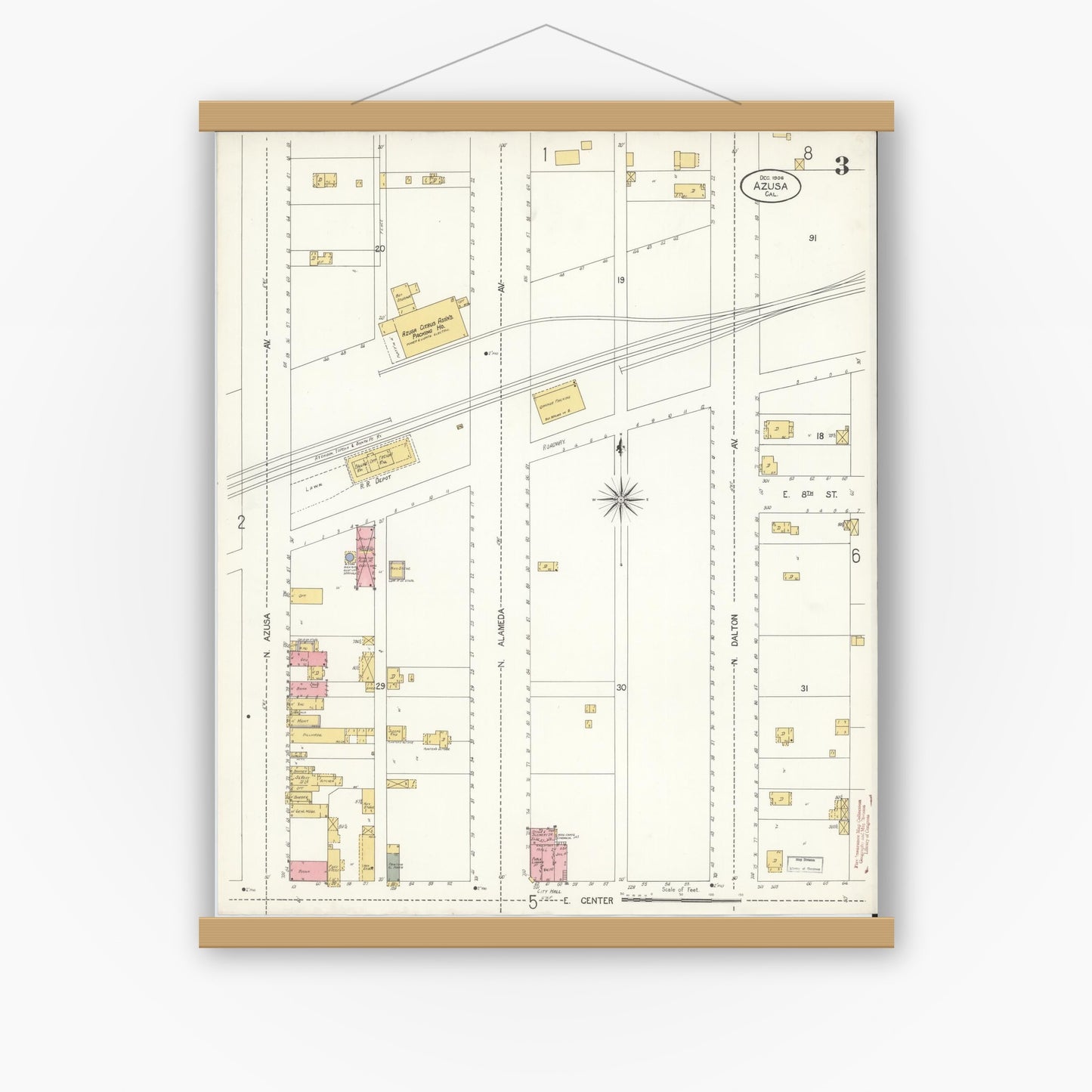 Old map wall art mockup — magnetic wood frame on white wall — Sanborn Fire Insurance Map from Azusa, Los Angeles County, California (1906), Sheet #0003