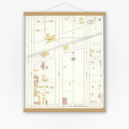 Old map wall art mockup — magnetic wood frame on white wall — Sanborn Fire Insurance Map from Azusa, Los Angeles County, California (1906), Sheet #0003