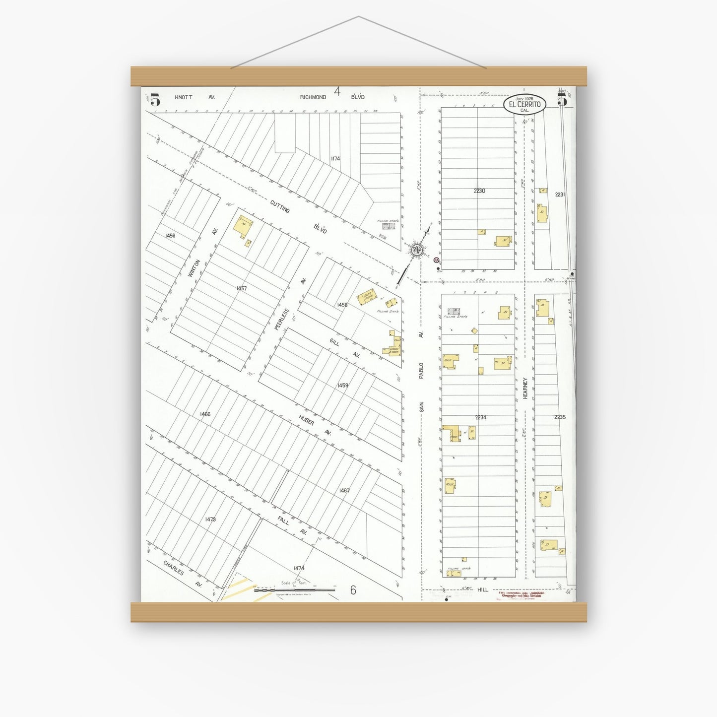 Old map wall art mockup — magnetic wood frame on white wall — Sanborn Fire Insurance Map from El Cerrito, Contra Costa County, California (1926), Sheet #0005