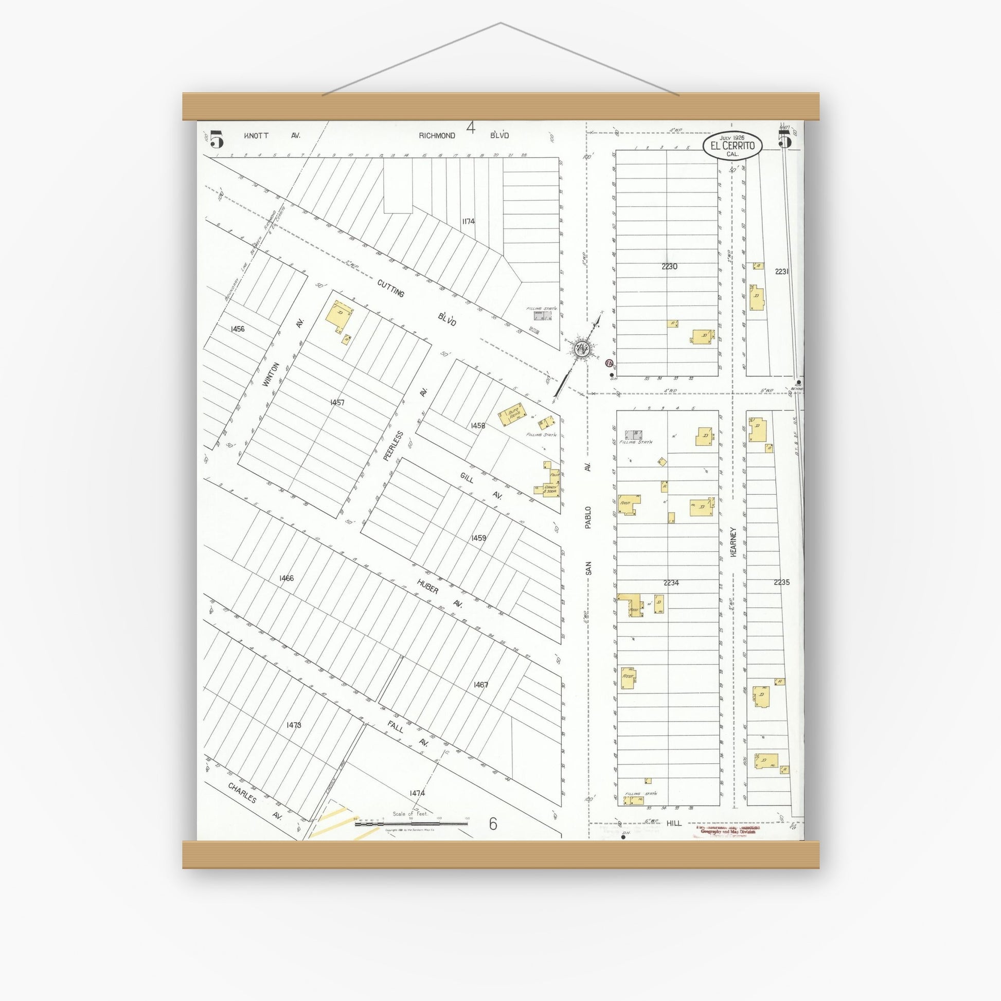 Old map wall art mockup — magnetic wood frame on white wall — Sanborn Fire Insurance Map from El Cerrito, Contra Costa County, California (1926), Sheet #0005