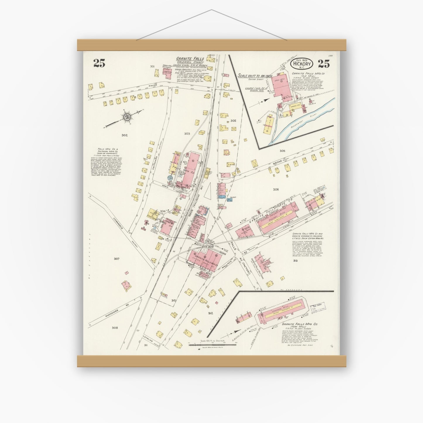 Old map wall art mockup — magnetic wood frame on white wall — Sanborn Fire Insurance Map from Hickory, Catawba County, North Carolina (1925), Sheet #0025
