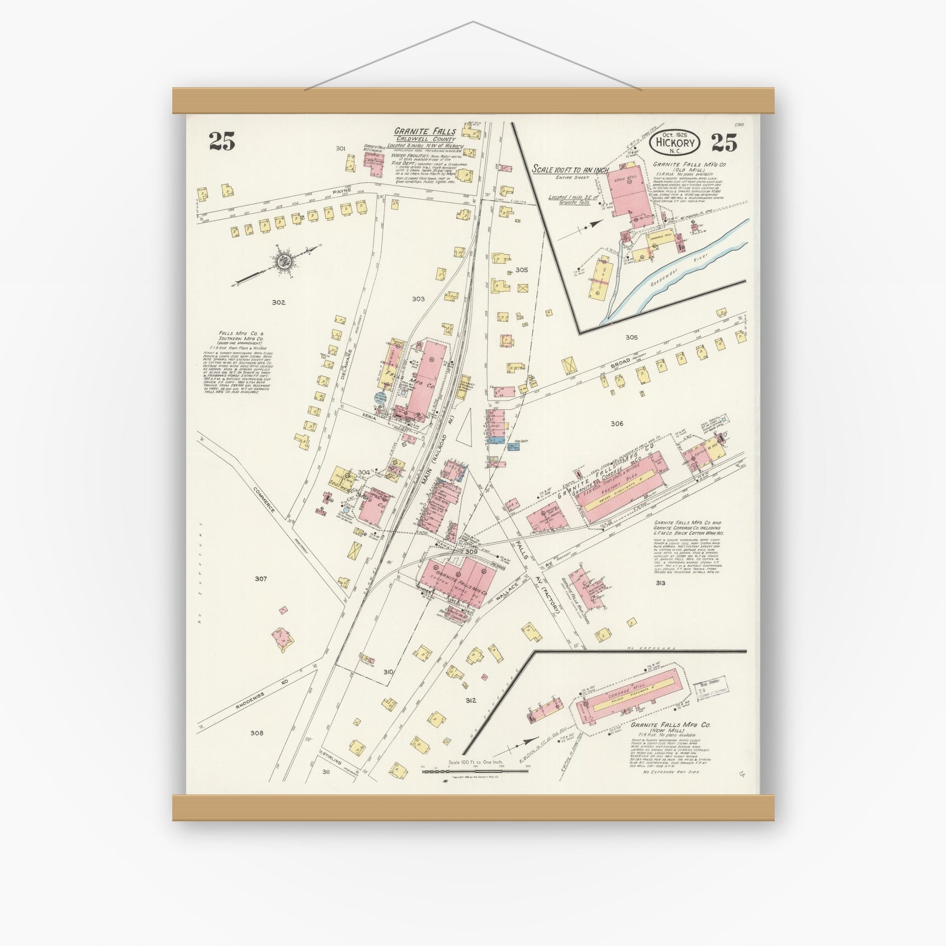 Old map wall art mockup — magnetic wood frame on white wall — Sanborn Fire Insurance Map from Hickory, Catawba County, North Carolina (1925), Sheet #0025