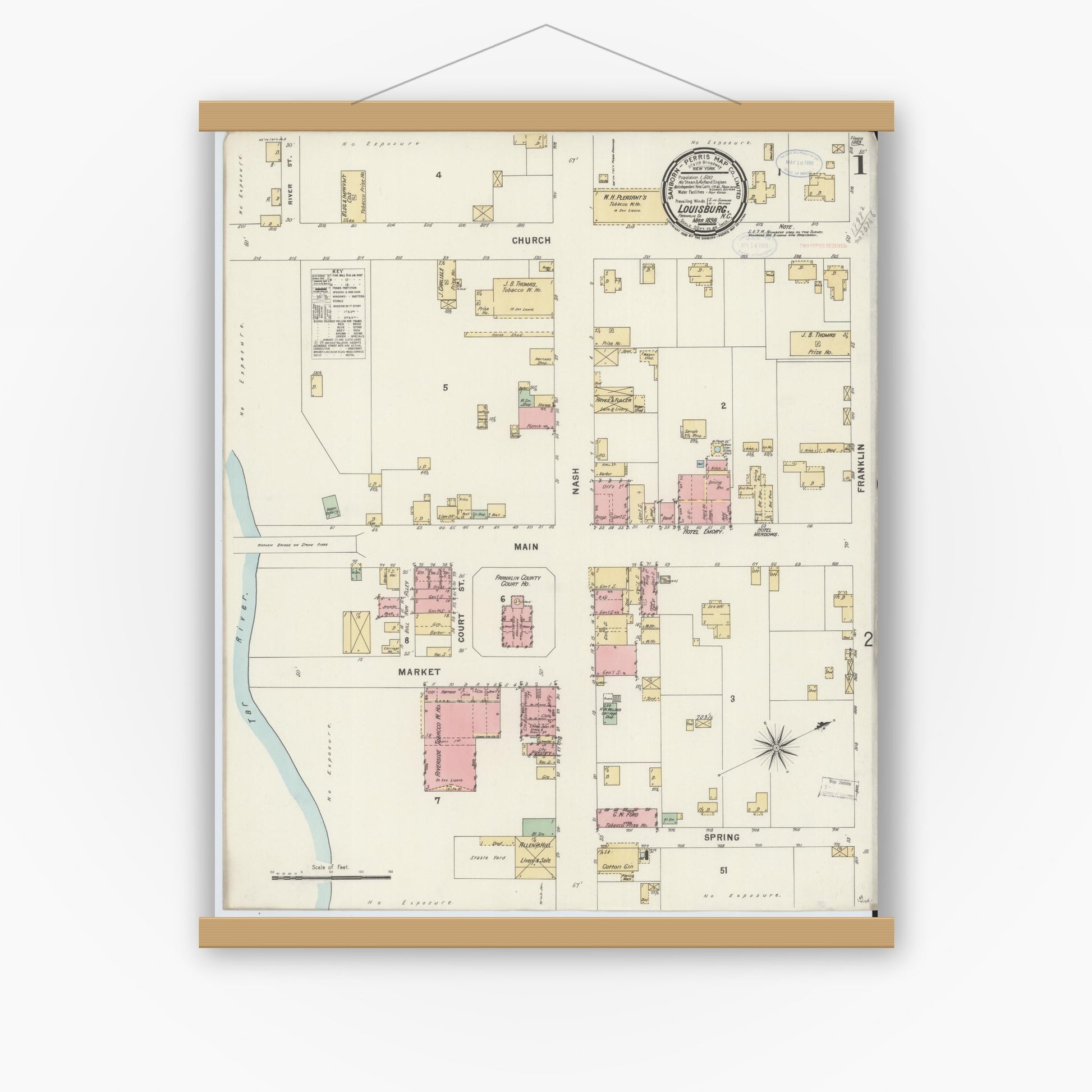 Old map wall art mockup — magnetic wood frame on white wall — Sanborn Fire Insurance Map from Louisburg, Franklin County, North Carolina (1898) - Complete Map Set