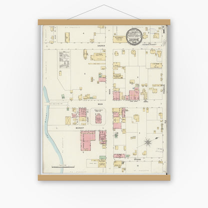Old map wall art mockup — magnetic wood frame on white wall — Sanborn Fire Insurance Map from Louisburg, Franklin County, North Carolina (1898) - Complete Map Set